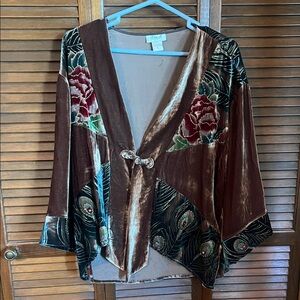 Vintage burnout peacock floral  Embroidered Kimono Jacket - Brown & Burgundy